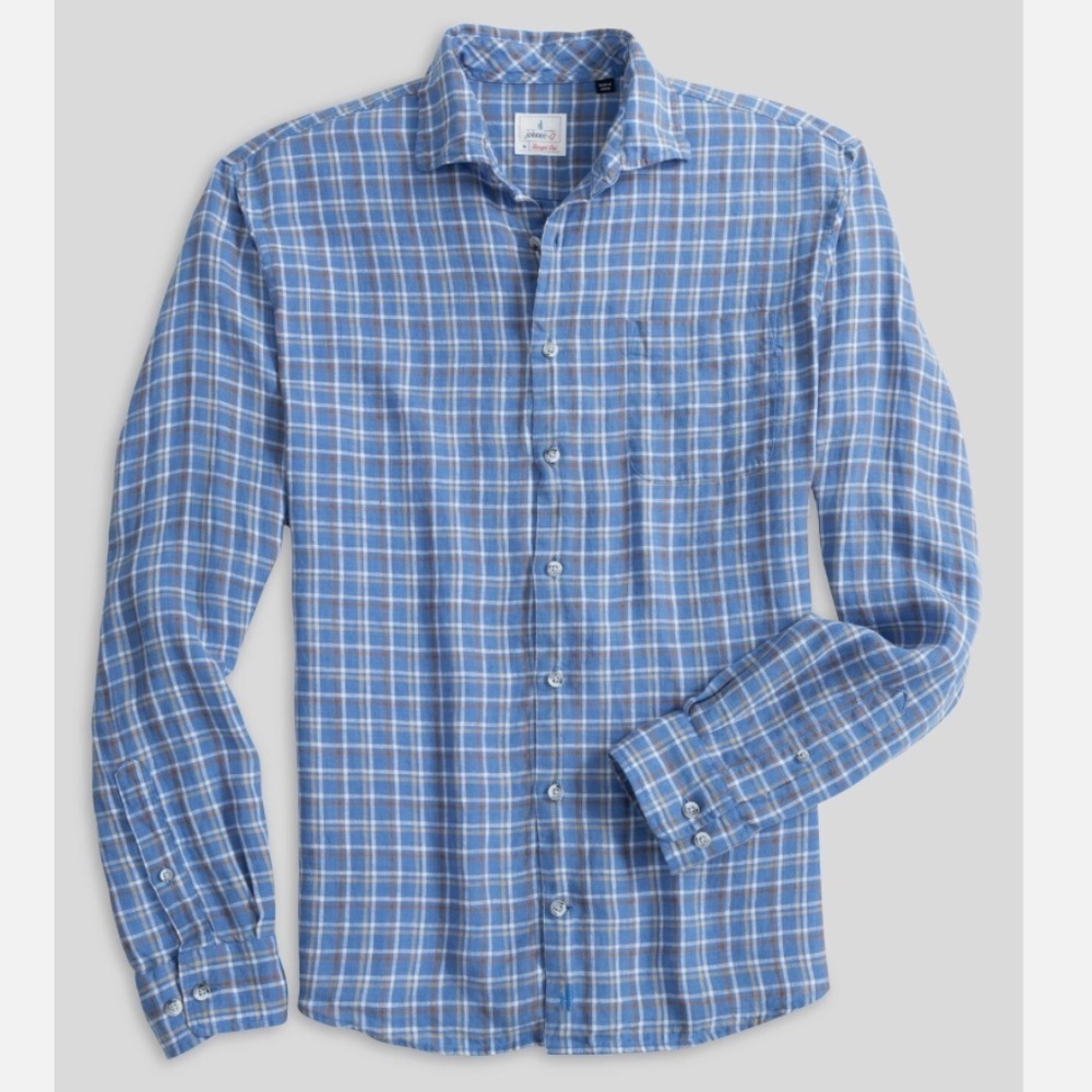 johnnie-O Hangin Out Linen Button Up Shirt - Omar Wake Blue Tan Plaid NWOT